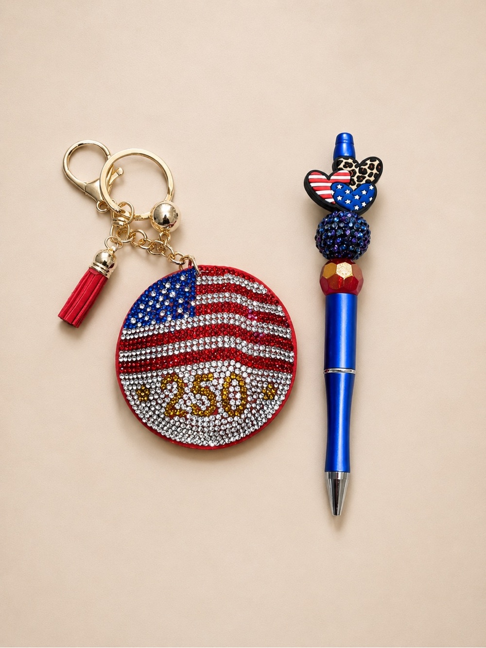 Patriotic Rhinestone Keychain with Tassel & handmade heart patriotic beaded pen